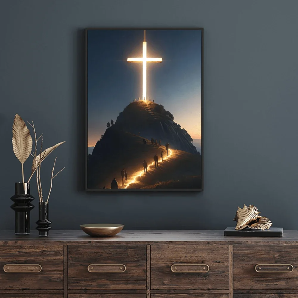 Framed Christian Wall Art (Cross On The Top Of The Mountain)